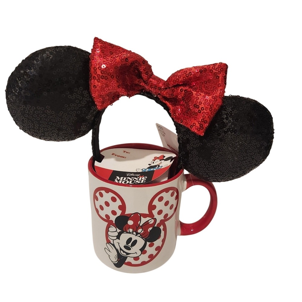 Disney Minnie Mouse Ears Headband and Mug Gift Set Red Sequin Bow